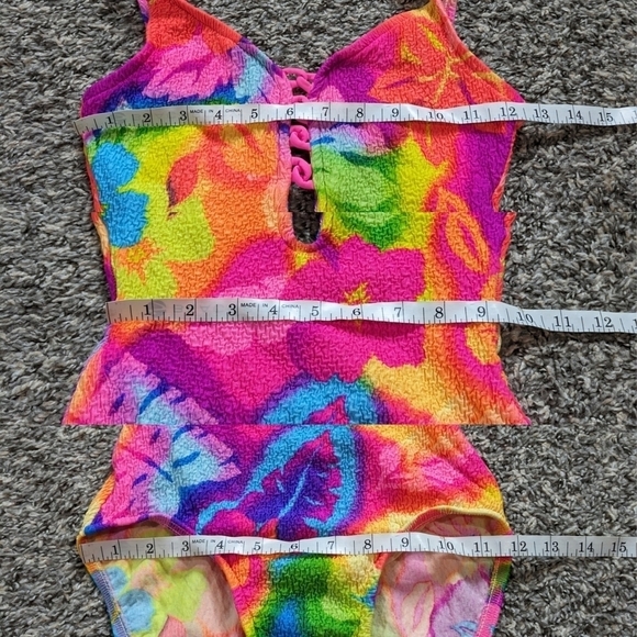 Vintage colorful neon pink yellow blue tropical hibiscus floral swimsuit 8 - Picture 9 of 12